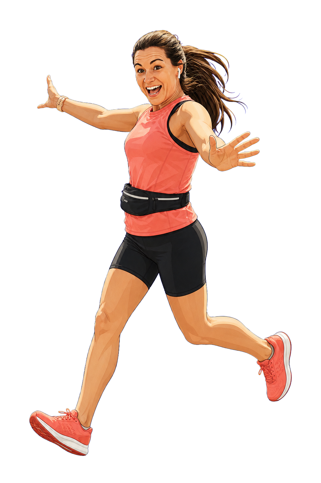 Illustration of Kate running with an outstretched arm and a joyful smile